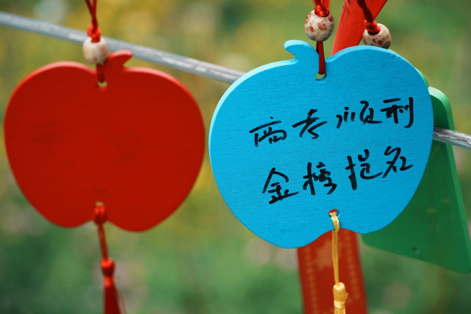 Red and blue apple-shaped wishing tags tied to a rope.