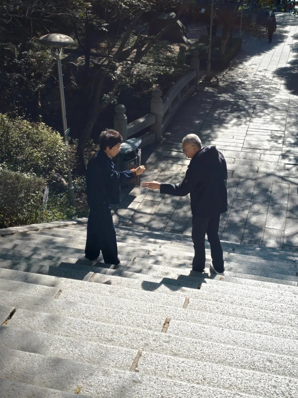 Two older people playing rock-paper-scissors on a park staircase.