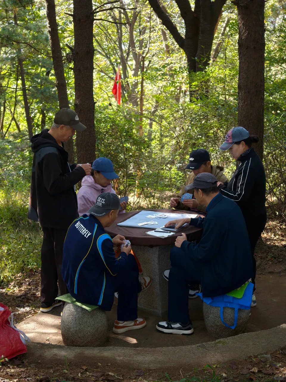 People gathered around a stone table beneath the park's trees.
