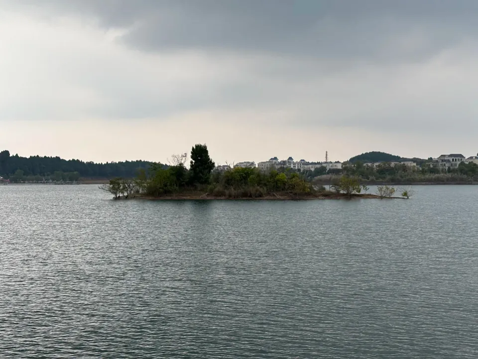 A low tree-covered island on Xianhai Lake with lakeside villas behind it.