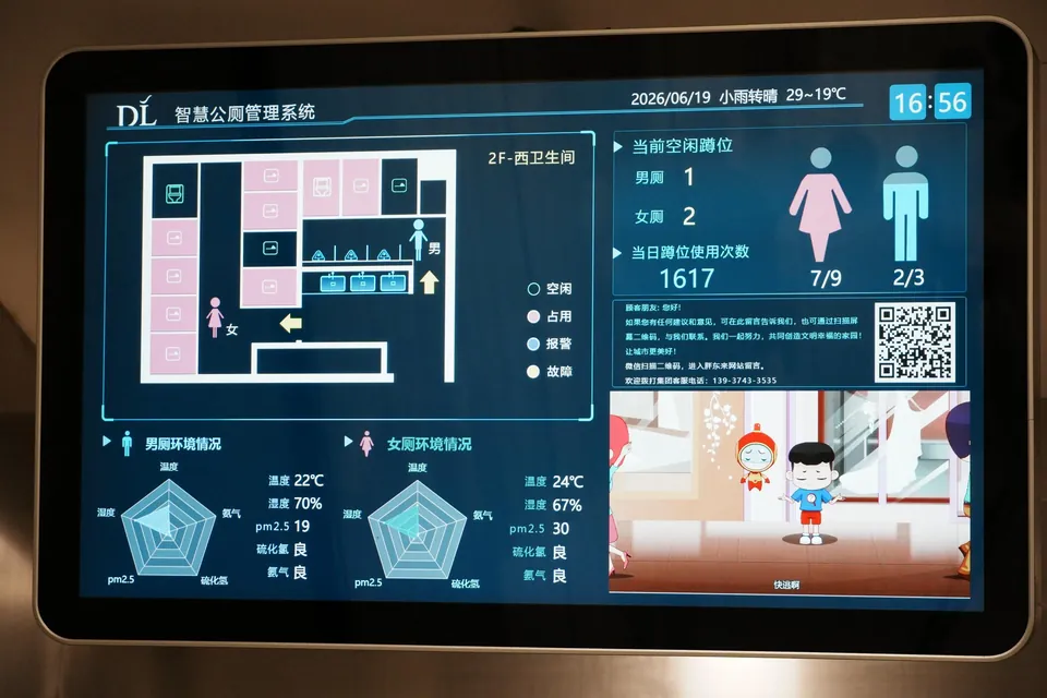 A smart restroom display showing free stalls and air quality.