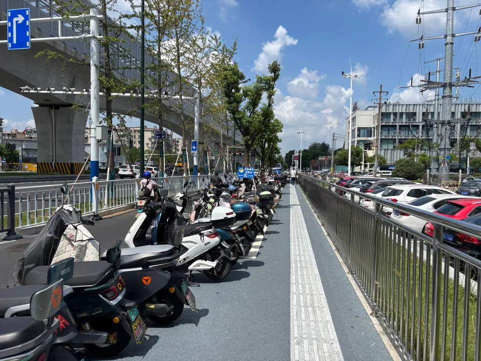 Electric scooters parked along a separated lane beside the road.