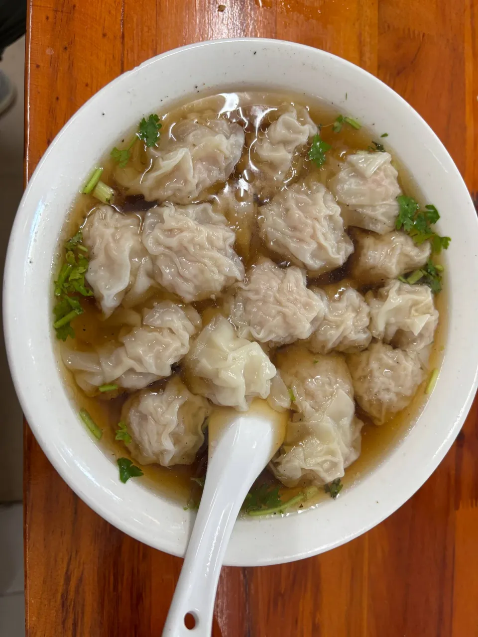 Bowl of pork wontons in clear broth