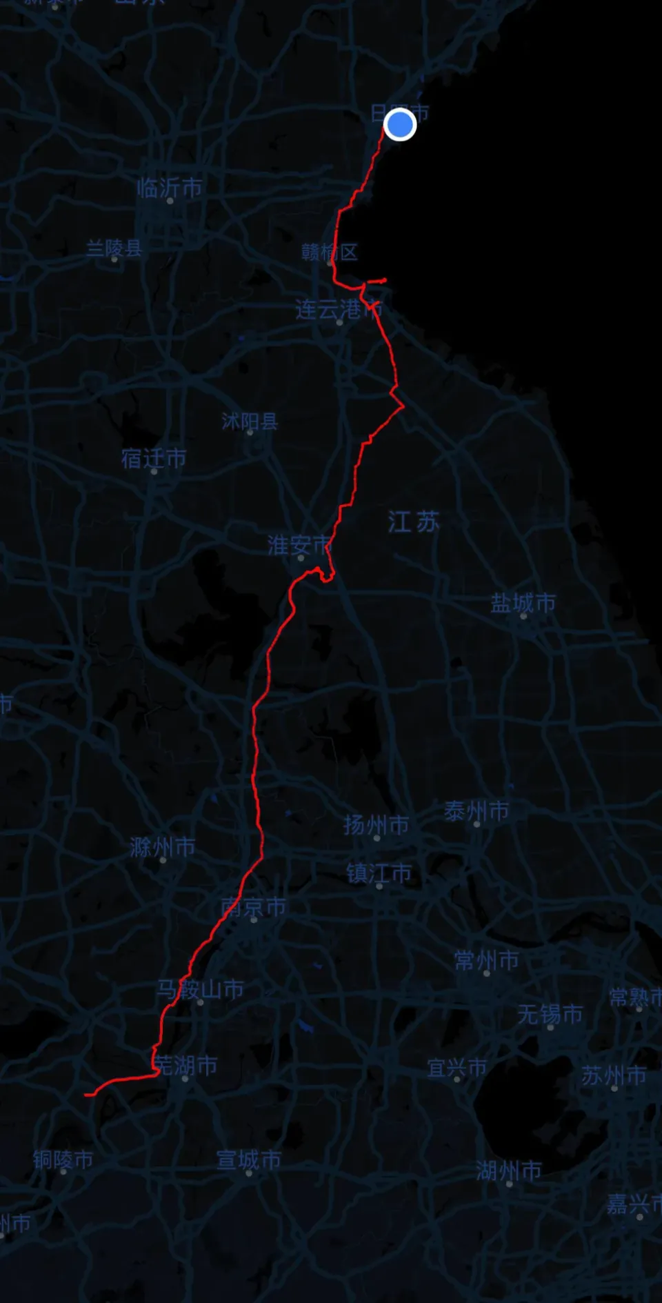 Dark map showing a driving route from Wuhu to Rizhao