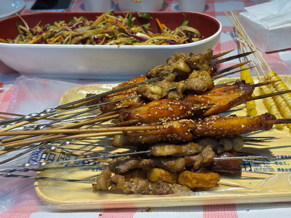 Platter of grilled meat and vegetable skewers